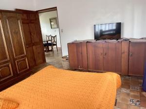 a living room with a television and wooden cabinets at El Ensueño in Ujarrás