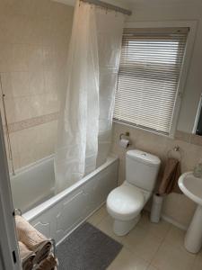 a bathroom with a toilet and a tub and a sink at 1-Bedroom Chalet at Maryville Caravan Site - Uddingston, Glasgow in Uddingston +10 photos