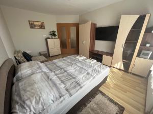 a bedroom with a bed and a flat screen tv at RelaxAp Zalakaros in Zalakaros