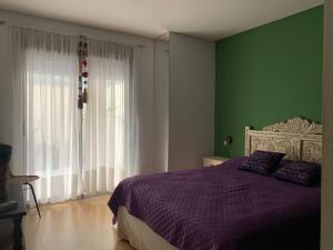 1 dormitorio con cama morada y pared verde en “Tu Lugar en Santiago” Depto SADIMA - Barrio Centro en Santiago del Estero