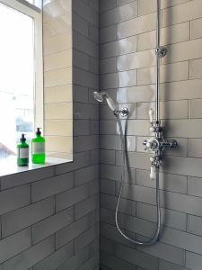 ein Bad mit einer Dusche mit einem Duschkopf in der Unterkunft Design apartments in the heart of Reykjavik in Reykjavík