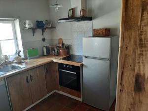 uma cozinha com um frigorífico e um lavatório em Peaceful Dordogne countryside cottage with pool. em Saint-Martial-Viveyrol