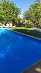 a blue swimming pool with two white chairs in a yard at La casita de madera Sijuela in Ronda
