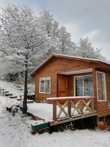una cabaña de madera en la nieve con un árbol en Cabaña Turismo EL SUSURRO, en Coyhaique