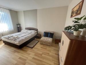 Schlafzimmer mit einem Bett und Holzboden in der Unterkunft RelaxAp Zalakaros in Zalakaros