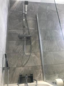 a shower with a glass door next to a toilet at Executive Apartment Central Doncaster in Doncaster