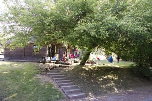 a log cabin with people sitting on the porch under a tree at Rotorua Thermal Holiday Park in Rotorua