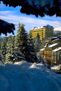 una ciudad con árboles nevados y un edificio en Carlit, en Font-Romeu