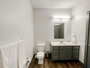 La salle de bains est pourvue de toilettes, d'un lavabo et d'un miroir. dans l'établissement Sleepover 1BD 1BA Des Moines Apartments, à Des Moines