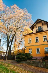 une maison jaune avec un arbre devant elle dans l'établissement Hotel Praha Potštejn, à Potštejn