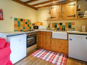 a small kitchen with wooden cabinets and appliances at The Smiddy - S4278 in Lochearnhead