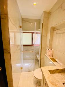 a bathroom with a shower and a toilet at Sunset TLV Apartment - Dizengoff 142 in Tel Aviv +19 photos
