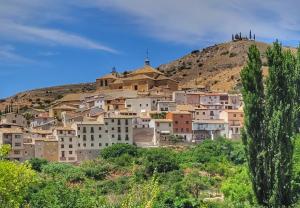 a village on top of a hill with a tree at Villalfredo Ducal in Pastrana