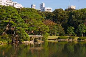 a park with a pond and trees and buildings at TORA HOTEL Tokyo-Rikugienn 寅ホテル 六義園 C in Tokyo