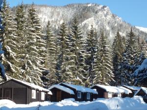 un grupo de cabañas frente a una montaña nevada en Chaty Jasná en Demanovska Dolina