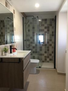 a bathroom with a shower and a sink and a toilet at CASA PESCA VERA in Senegüé +36 photos