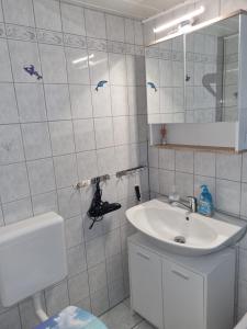 a bathroom with a sink and a mirror and a toilet at Ferienhaus in einem Wohngebiet bei Frankfurt in Nidderau