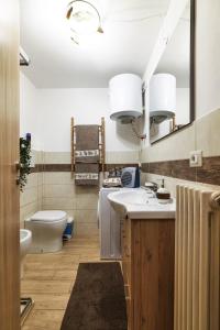 a bathroom with a sink and a toilet and a mirror at Cambrembo a 3km da foppolo casa x6persone con Camino e Wifi in Valleve