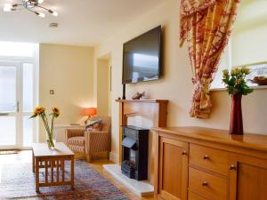 un soggiorno con camino e TV a schermo piatto di Ghillie Cottage a Cockermouth