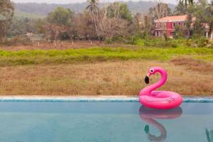 Różowy flamingo siedzący w basenie z wodą w obiekcie StayVista Bella Antlia 3BHK, with Pvt Pool & Paddy view- Parra, North Goa w mieście Anjuna