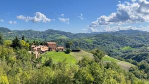 Val di Codena - Holiday Home في Vetto: اطلالة جوية على منزل على تل في الجبال