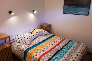 a bedroom with a bed with a colorful comforter and pillows at LE TUIT TUIT in Petite Île