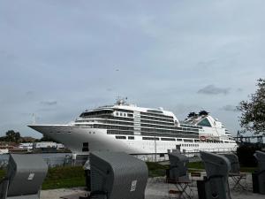 un grand bateau de croisière garé dans un port dans l'établissement Kanal-Haus "Das Gästehaus direkt am NOK", à Osterrönfeld