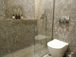 a bathroom with a toilet and a glass shower at Kaiser Luxury Suites in Achílleion