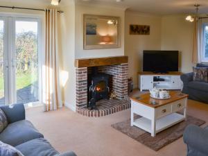 a living room with a fireplace and a tv at Teasel in Stalham