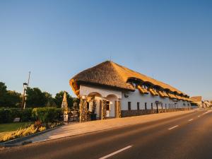 a building with a thatched roof on the side of a road at Öreg Halász Fogadó in Tát