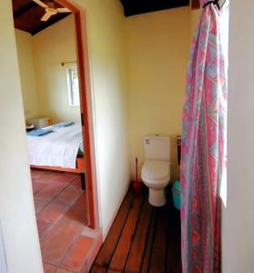 a bathroom with a toilet and a bed in a room at Afro Beach Eco Resort Butre in Butre