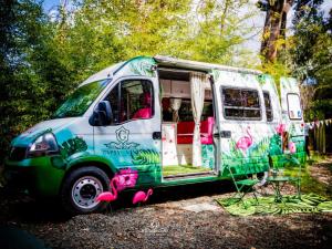 Gypsy Wagons and Vans, Clarens في كلارينس: سيارة فان خضراء وبيضاء عليها زهور