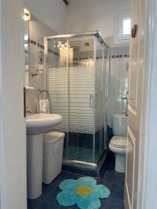 a bathroom with a shower and a toilet and a sink at G&S Beach House in Flogita