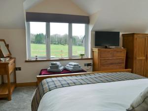 a bedroom with a bed and a tv and a window at Bluebell Barn in Okehampton