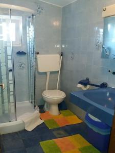 een badkamer met een toilet, een douche en een bad bij Apartments Snježana Carev in Jezera