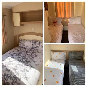 trzy zdjęcia sypialni z łóżkiem i prześcieradłem w obiekcie Rhyl 3 bedroom caravan with parking pool beach play area restaurant at lyons robin hood w mieście Meliden