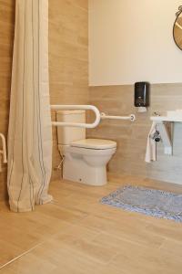 a bathroom with a toilet and a shower curtain at Lavender Village in Kiemeliai