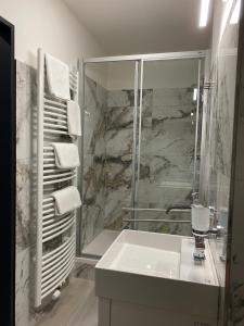 a bathroom with a shower and a white sink at Hotel Palác in Olomouc