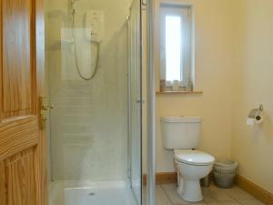 a bathroom with a toilet and a glass shower at Cressfield Villa in Ecclefechan