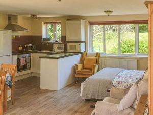 a kitchen and a living room with a bed in a room at Burnside in Torthorwald