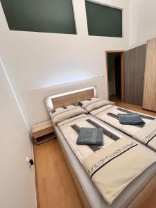 een slaapkamer met een bed met 2 kussens erop bij Rooms Orlí in Brno