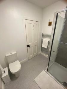 a white bathroom with a toilet and a shower at Stunning Apartment in Newburgh Scotland sleeps 4 in Cupar