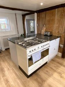 a kitchen with a stove top oven in a room at Cosy two bedrooom cottage set in a Dorset village in Sturminster Newton