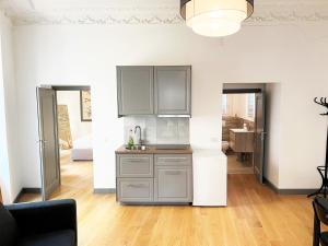 a kitchen with gray cabinets and a living room at Pantheon Rome Relais in Rome