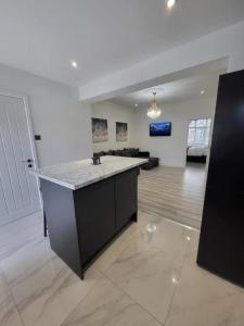 a kitchen and living room with a island in a room at Eastend Apartments in London