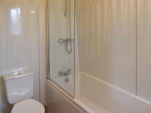 uma casa de banho com um WC e uma cabina de duche em vidro. em Crail House em Crail