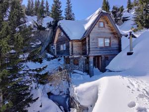 a log cabin in the snow with a creek at Prokosko Resort in Fojnica