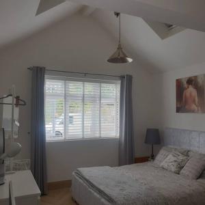 a bedroom with a bed and a large window at Lovely studio annex in Lilliput in Poole