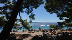 a beach with chairs and umbrellas and the water at Studio Apartment Super Odmor in Tučepi