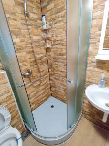 a shower in a bathroom with a toilet and a sink at Prokosko Resort in Fojnica
